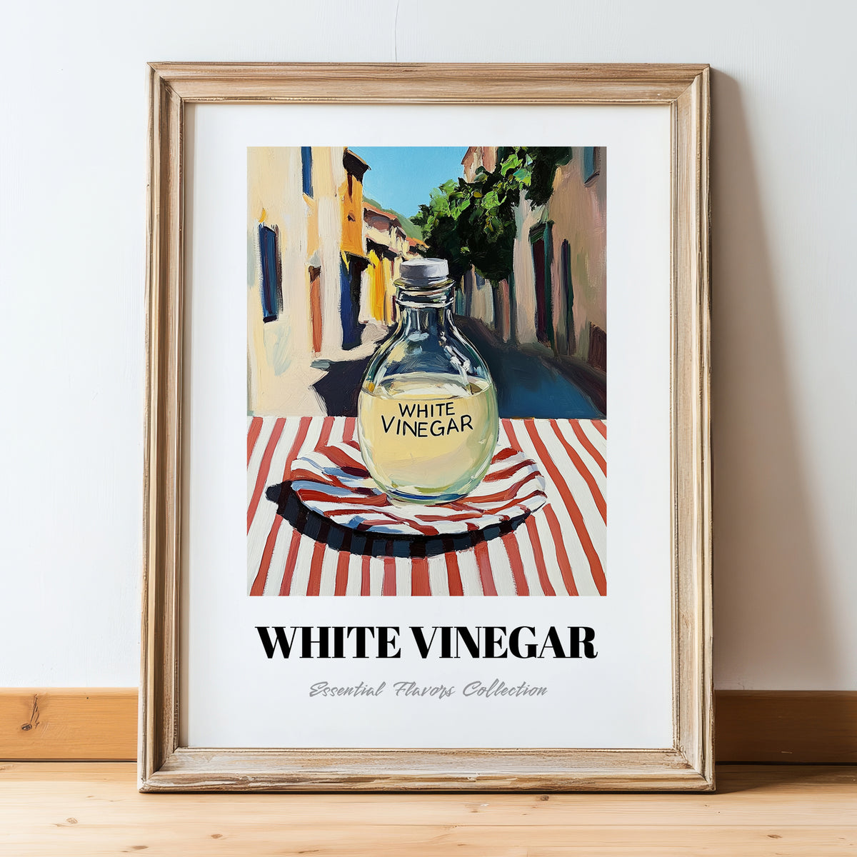 White Vinegar – Italian Urban Café Scene, Shelf Stock Poster, in wooden frame leaning on the floor