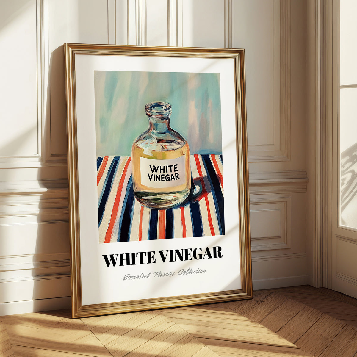 White Vinegar – on Striped Tablecloth, Larder Wall Decor