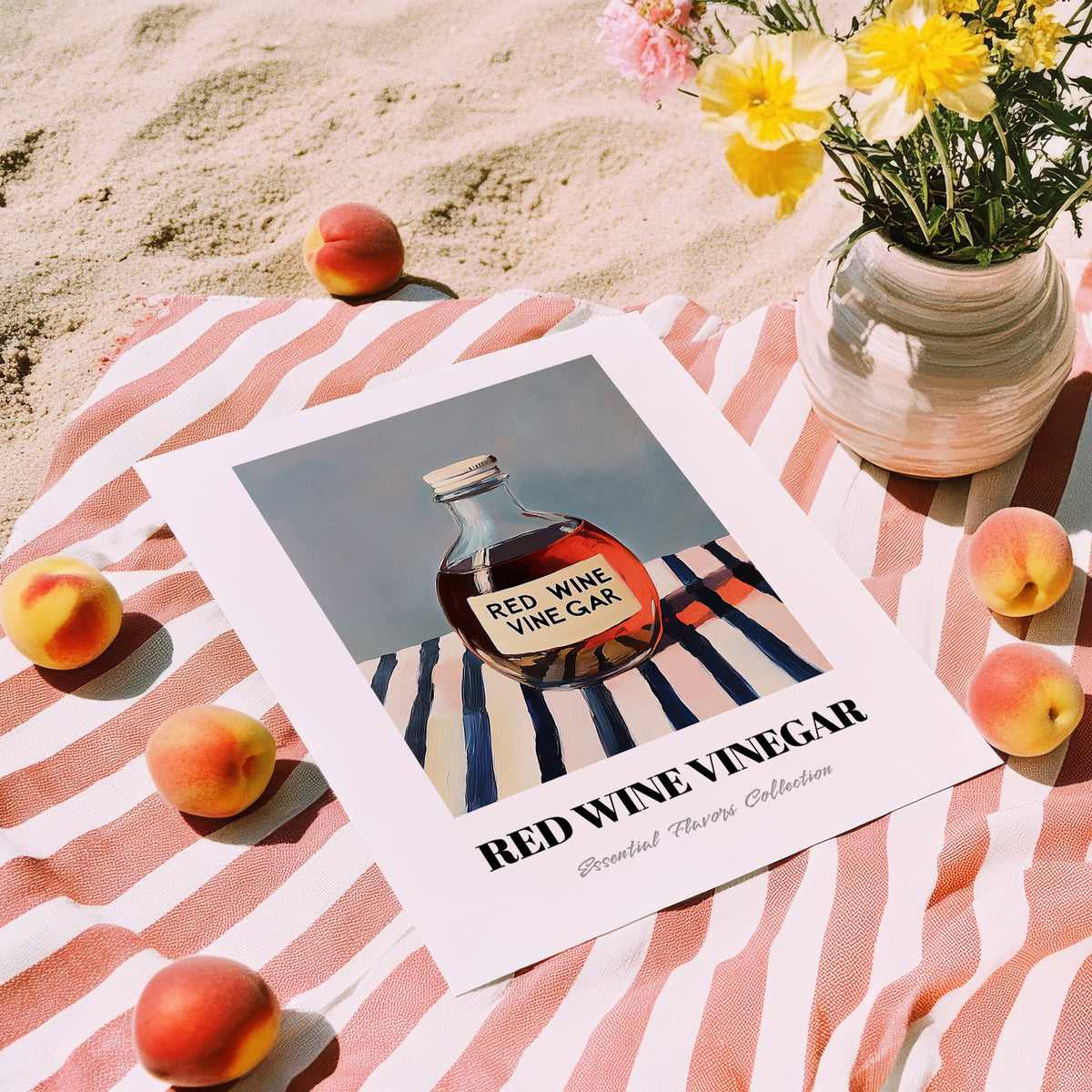 Red Wine Vinegar – on Striped Tablecloth, Shelf Stock Wall Decor, unframed on coastal sand