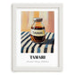 Tamari – on Striped Tablecloth, Pantry Still Life, placed in minimal white frame