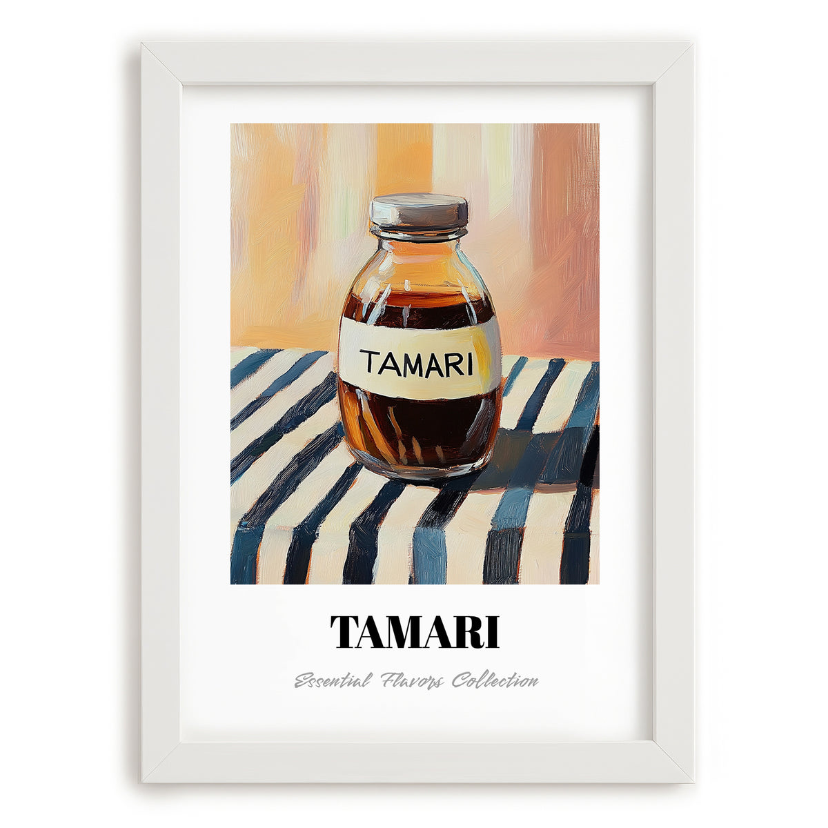 Tamari – on Striped Tablecloth, Pantry Still Life, placed in minimal white frame