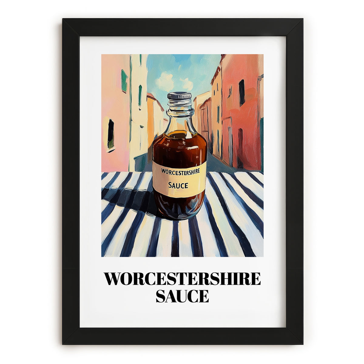Worcestershire Sauce – Italian Urban Café Scene, Kitchen Storage Painting, in sleek black frame