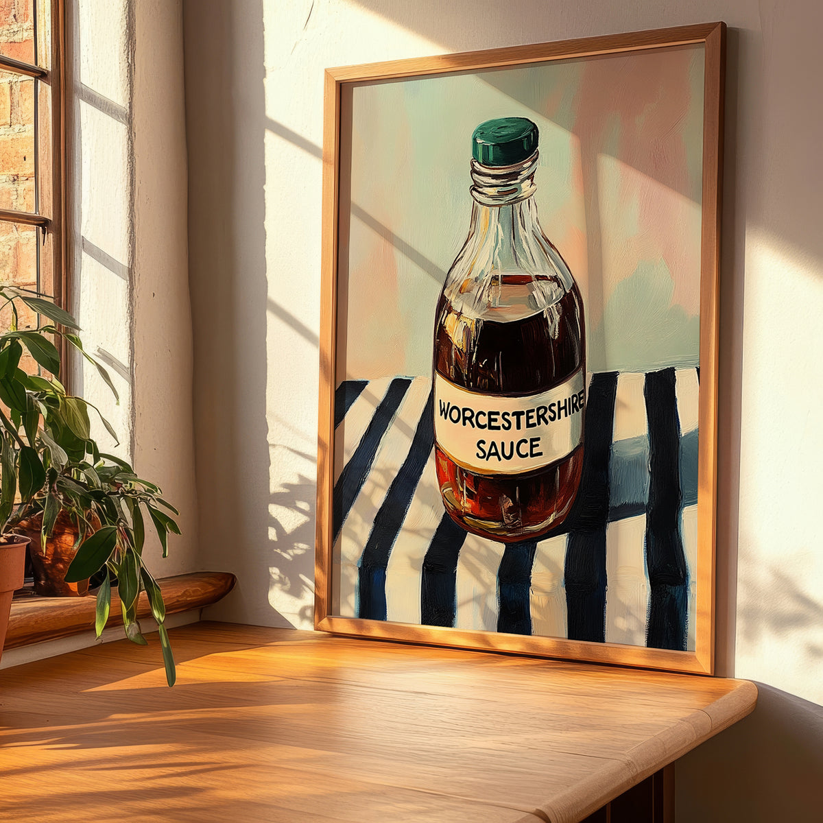 Worcestershire Sauce – on Striped Tablecloth, Grocery Still Life, clean layout with no caption