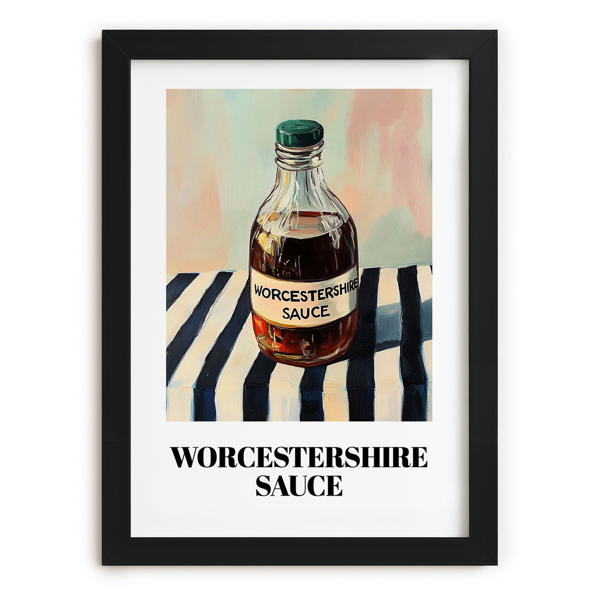 Worcestershire Sauce – on Striped Tablecloth, Grocery Still Life, in sleek black frame