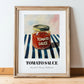 Tomato Sauce – on Striped Tablecloth, Grocery Still Life, in wooden frame leaning on the floor