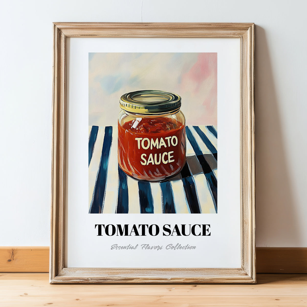 Tomato Sauce – on Striped Tablecloth, Grocery Still Life, in wooden frame leaning on the floor