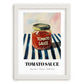 Tomato Sauce – on Striped Tablecloth, Grocery Still Life, placed in minimal white frame