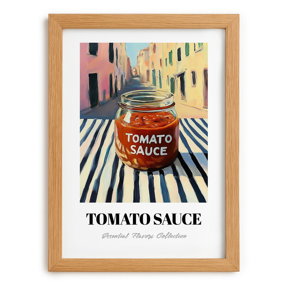 Tomato Sauce – Italian Street Café Scene, Grocery Wall Illustration, set in oak frame