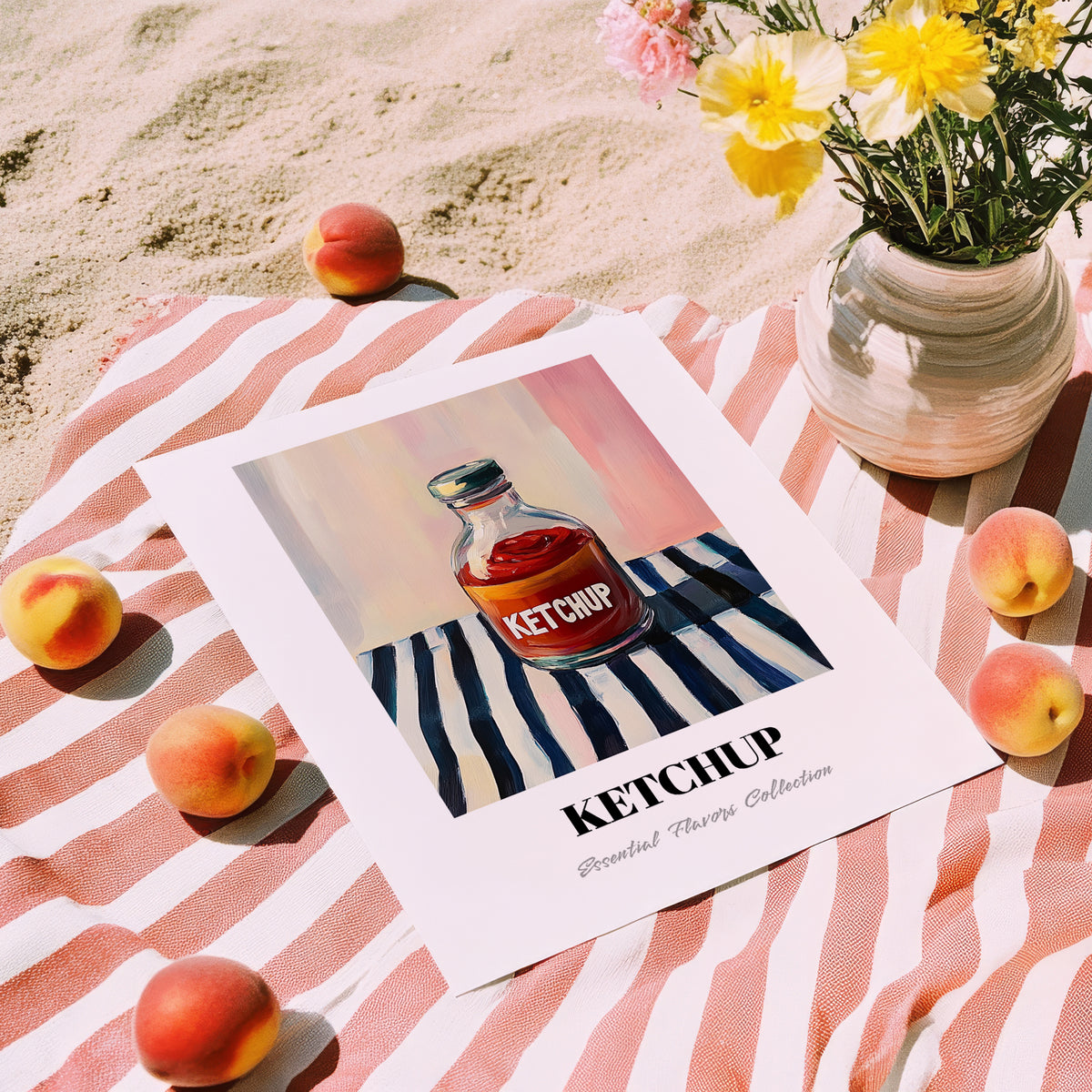 Ketchup – on Striped Tablecloth, Grocery Still Life, unframed on coastal sand