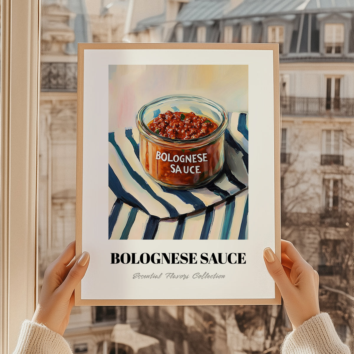 Bolognese Sauce – on Striped Tablecloth, Pantry Illustration, styled in a charming Paris street view