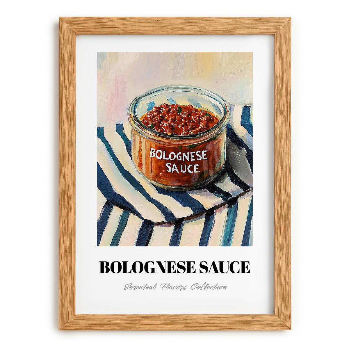 Bolognese Sauce – on Striped Tablecloth, Pantry Illustration, set in oak frame