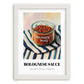 Bolognese Sauce – on Striped Tablecloth, Pantry Illustration, placed in minimal white frame