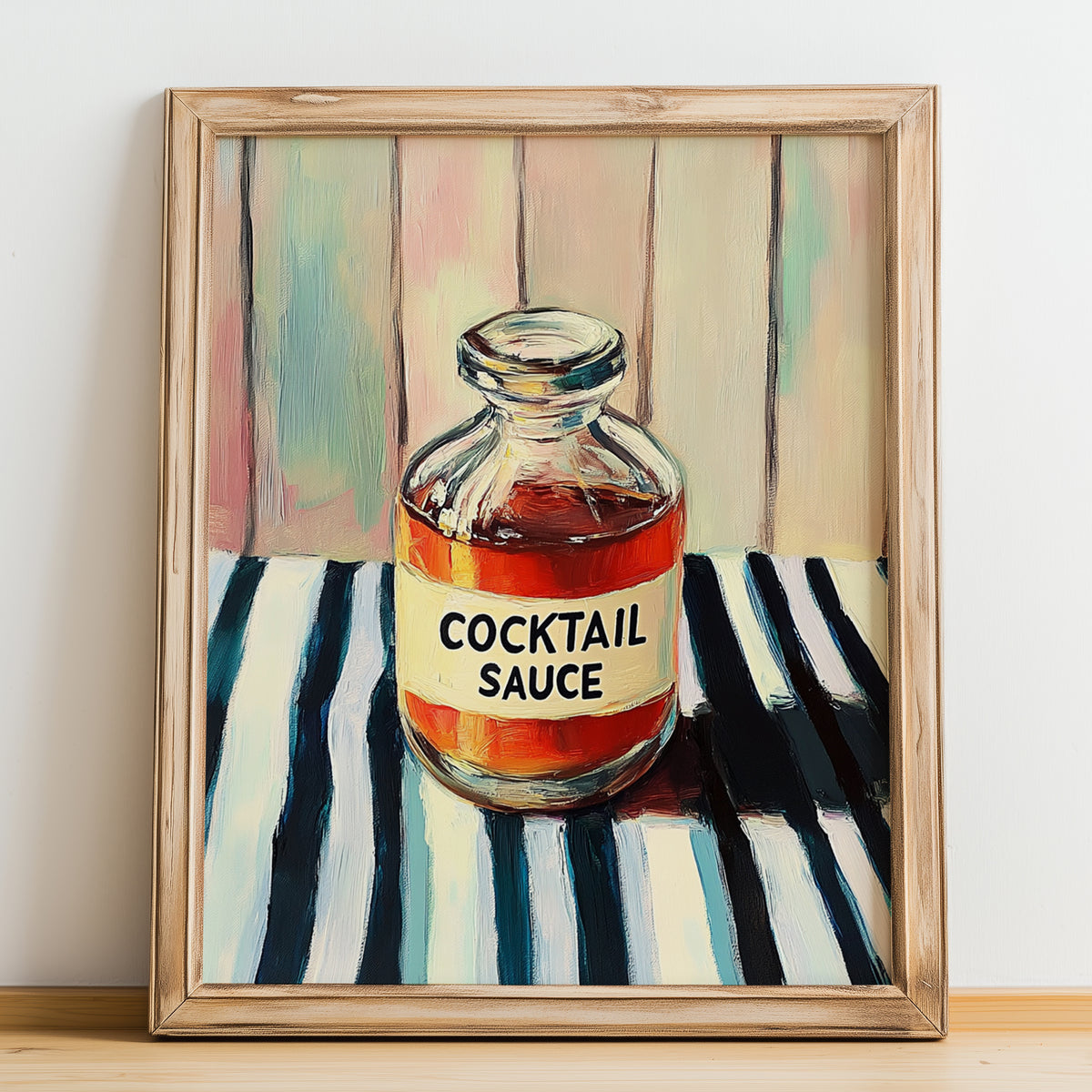 Cocktail Sauce – on Striped Tablecloth, Ingredients Corner Poster, no-text version framed in wood
