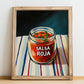 Salsa Roja – on Striped Tablecloth, Food Shelf Poster, no-text version framed in wood