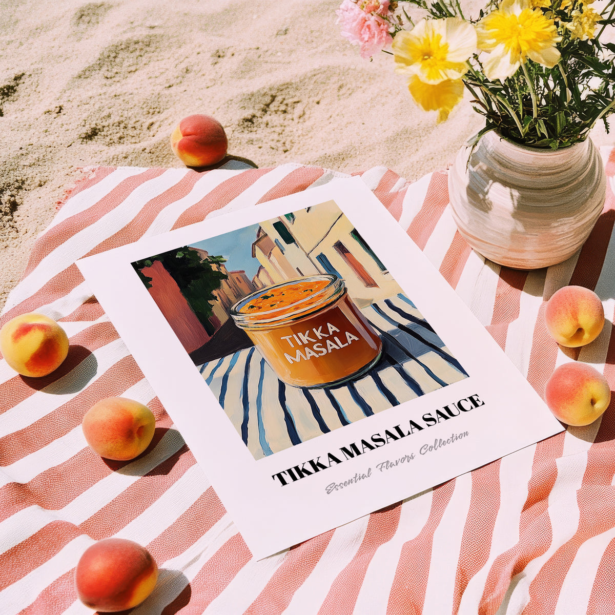 Tikka Masala Sauce – Italian Urban Café Scene, Pantry Poster, unframed on coastal sand