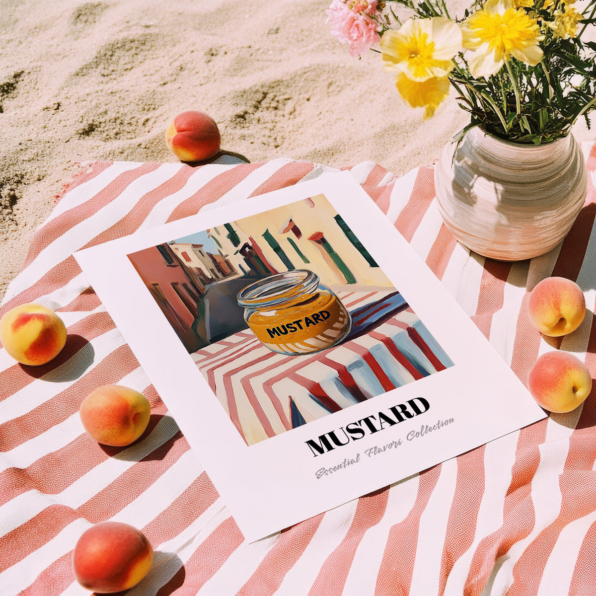 Mustard – Italian Street Café Scene, Pantry Wall Decor, unframed on coastal sand
