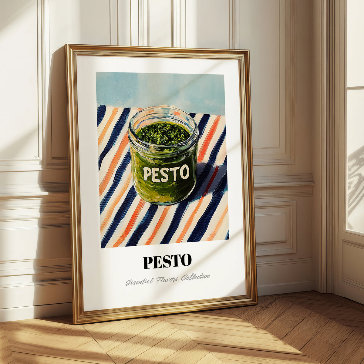 Green Pesto – on Striped Tablecloth, Pantry Print