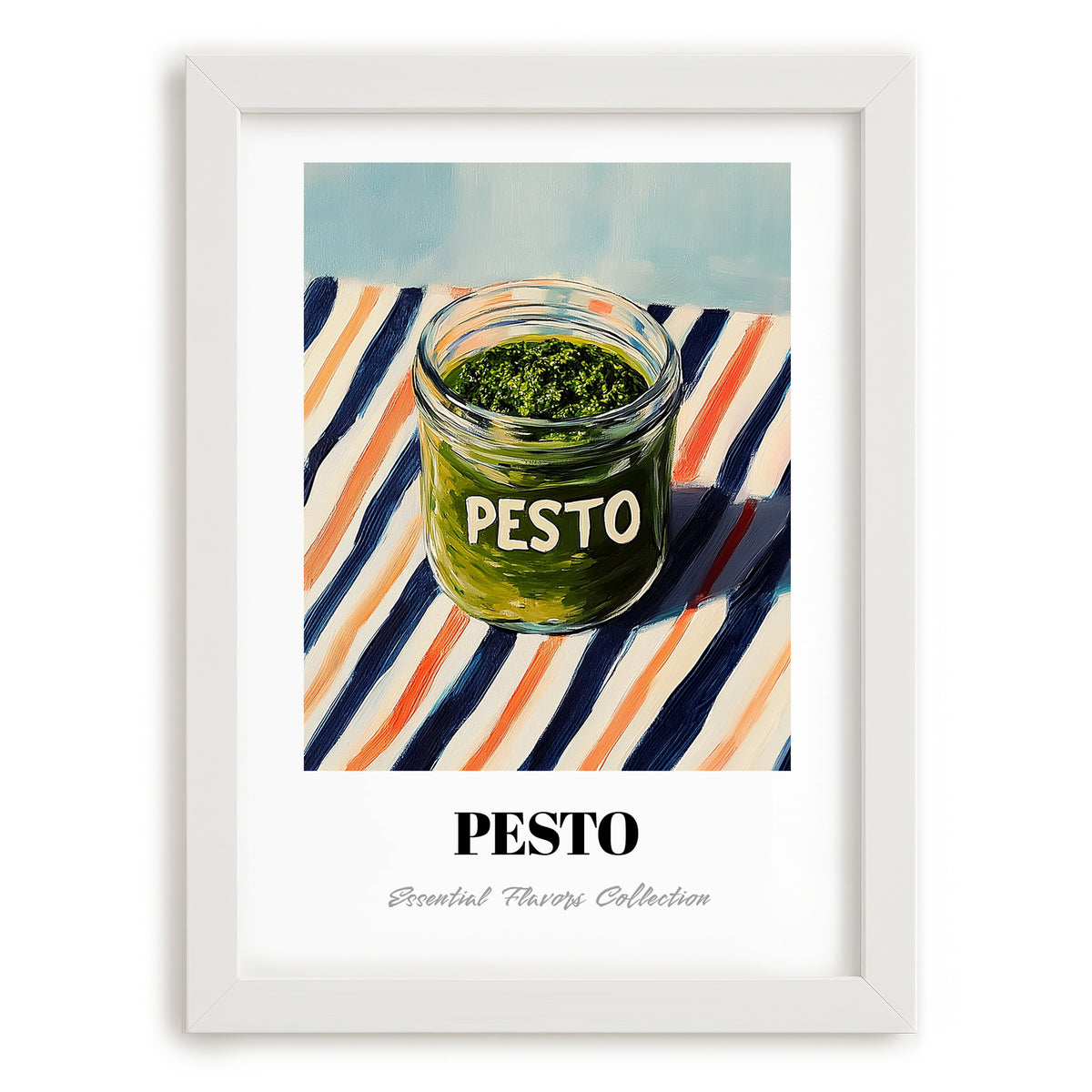 Green Pesto – on Striped Tablecloth, Pantry Print, placed in minimal white frame