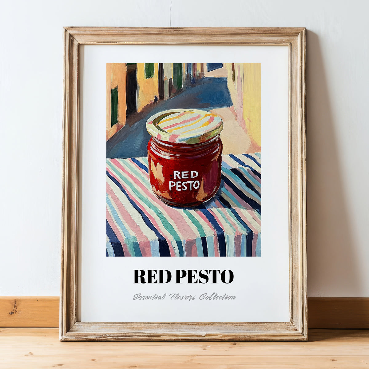 Red Pesto – Italian Café on the Corner, Grocery Still Life, in wooden frame leaning on the floor