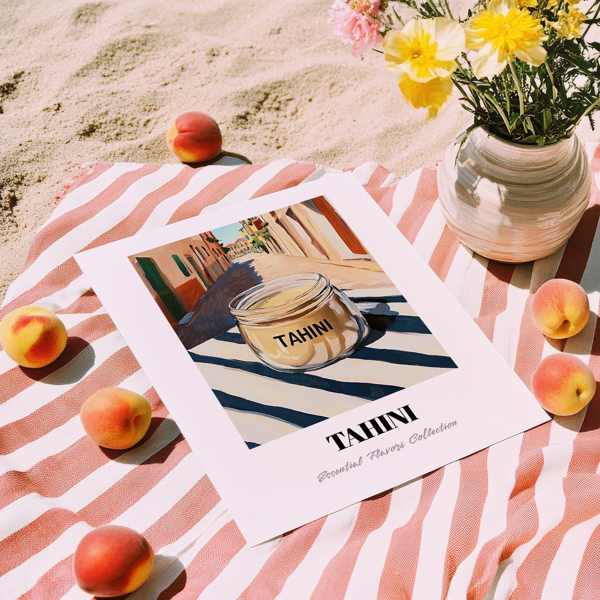 Tahini – Italian Street Café Scene, Kitchen Storage Wall Art, unframed on coastal sand