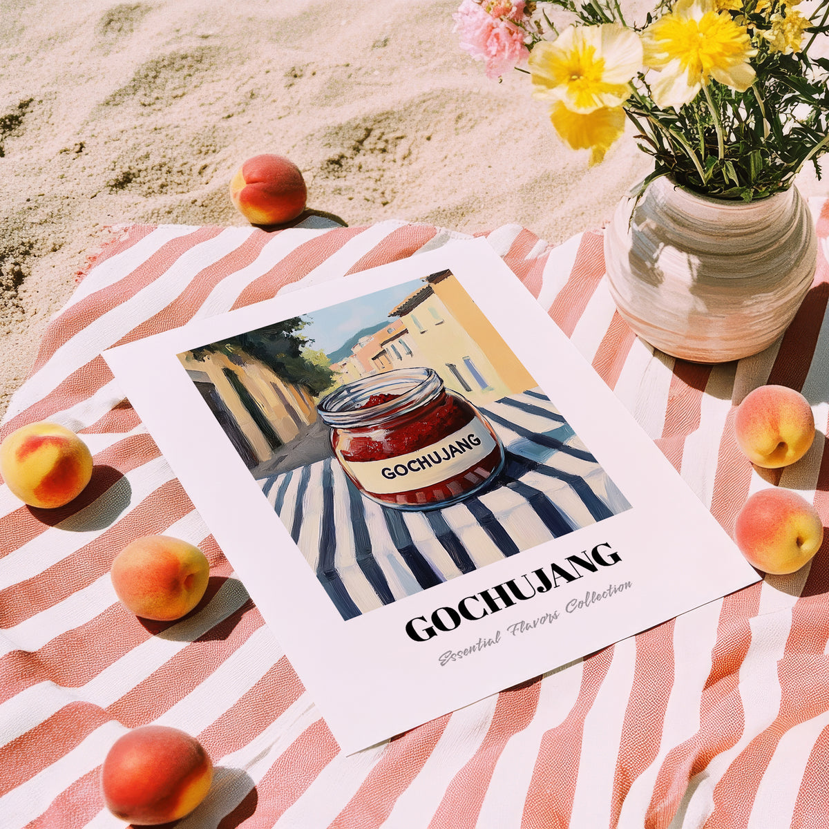 Gochujang – Italian Outdoor Café Scene, Dry Goods Wall Decor, unframed on coastal sand