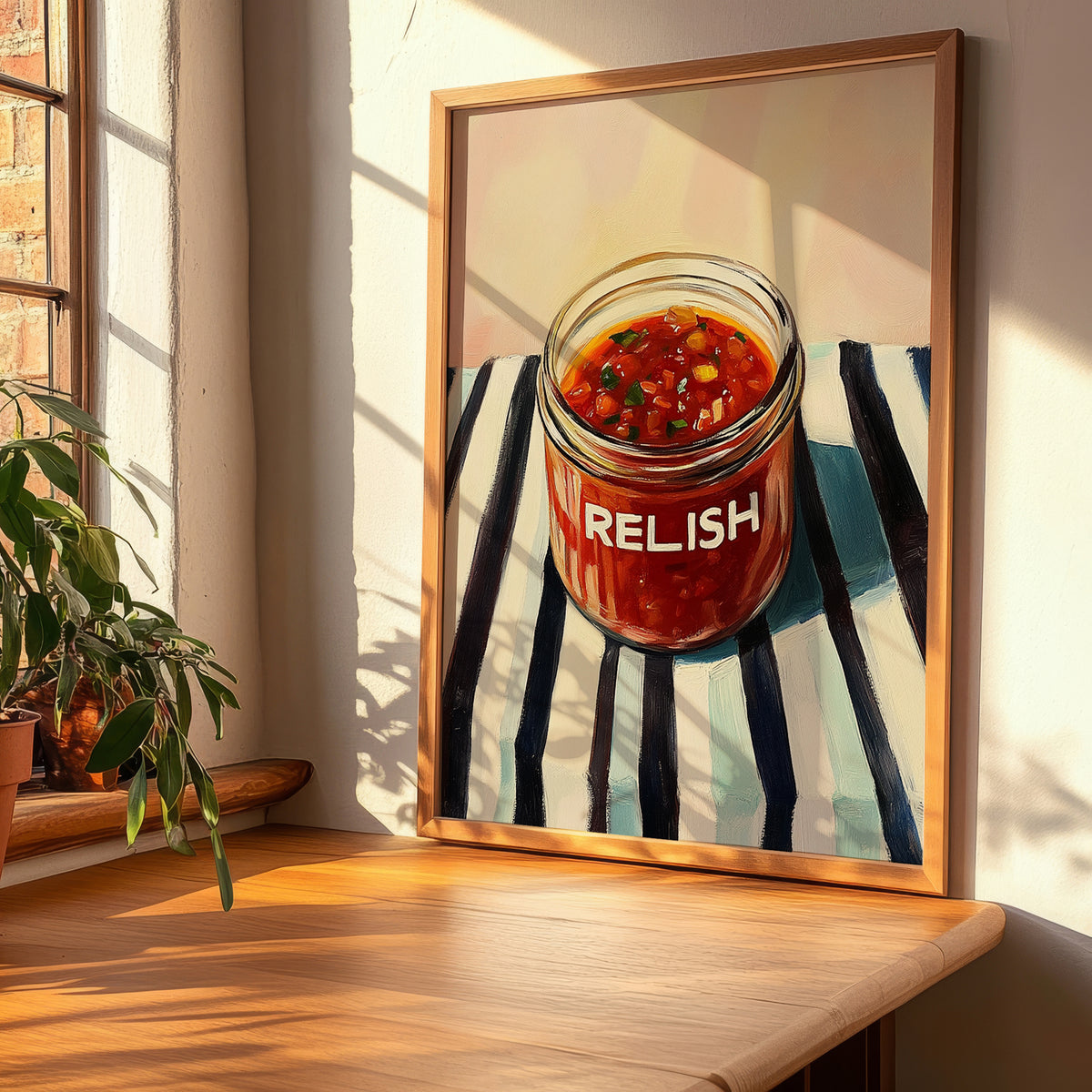 Relish – on Striped Tablecloth, Dry Goods Illustration, clean layout with no caption