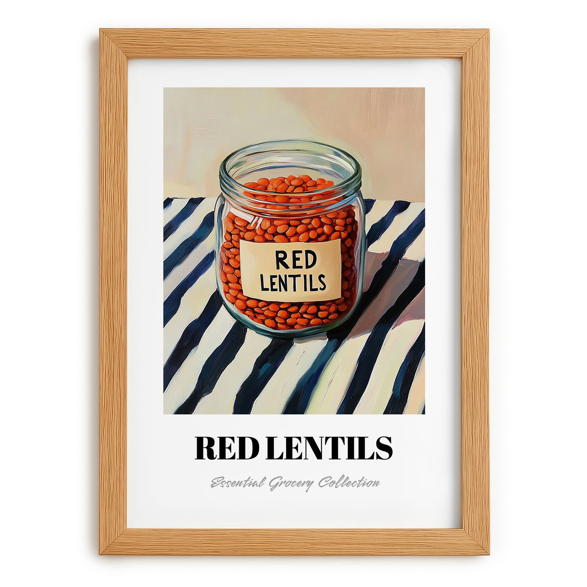 Red Lentils – on Striped Tablecloth, Pantry Painting, set in oak frame