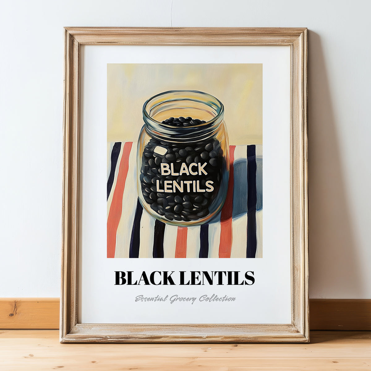 Black Lentils – on Striped Tablecloth, Food Stash Illustration, in wooden frame leaning on the floor