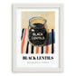 Black Lentils – on Striped Tablecloth, Food Stash Illustration, placed in minimal white frame