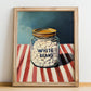 White Beans – on Striped Tablecloth, Grocery Painting, no-text version framed in wood