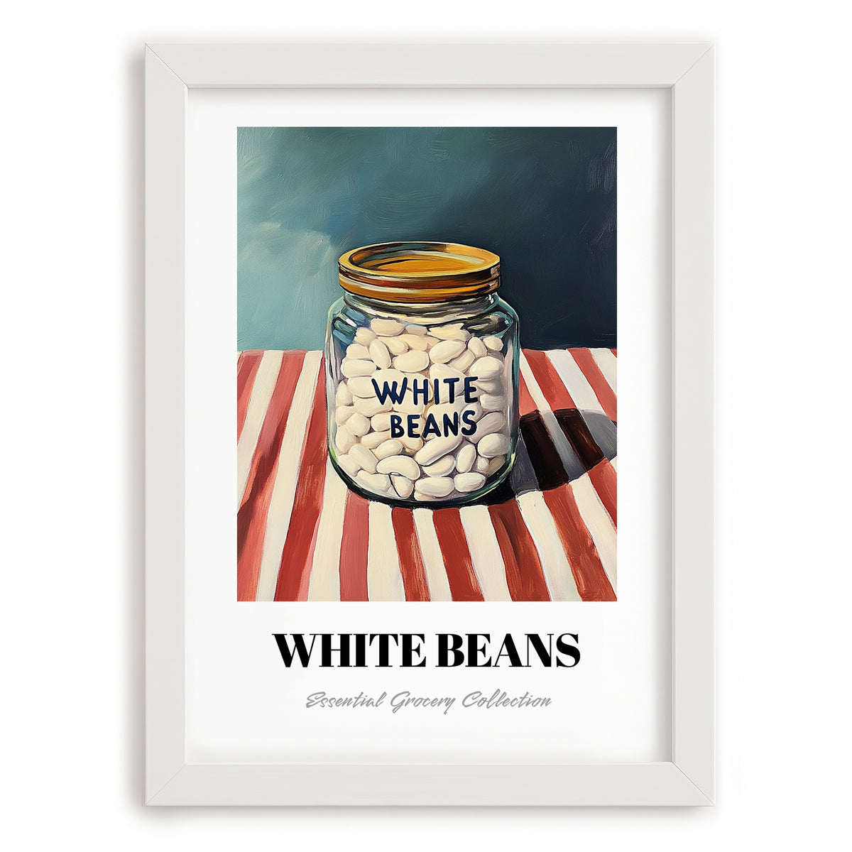 White Beans – on Striped Tablecloth, Grocery Painting, placed in minimal white frame