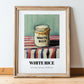 White Rice – on Striped Tablecloth, Food Stash Art, in wooden frame leaning on the floor