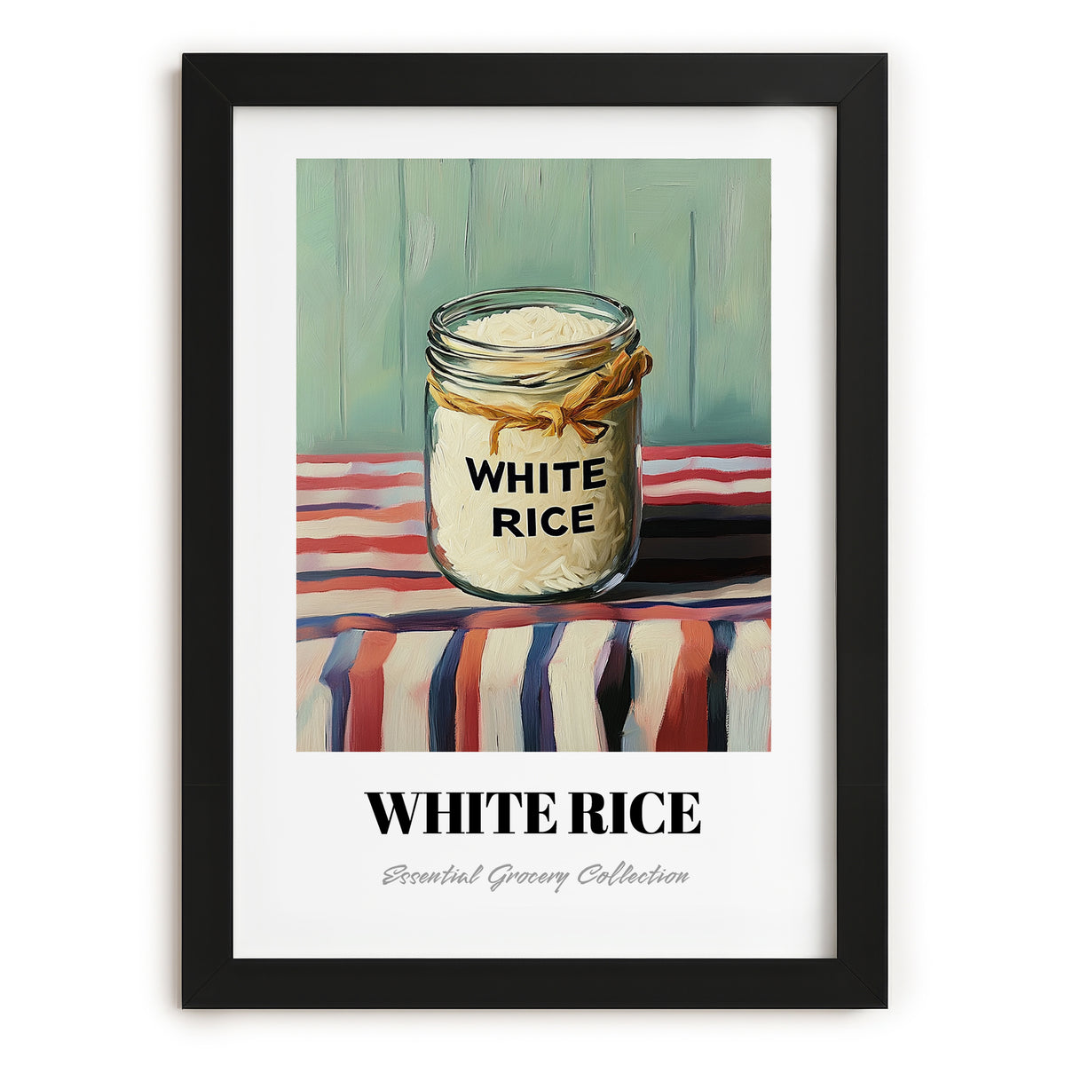 White Rice – on Striped Tablecloth, Food Stash Art, in sleek black frame