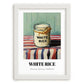 White Rice – on Striped Tablecloth, Food Stash Art, placed in minimal white frame