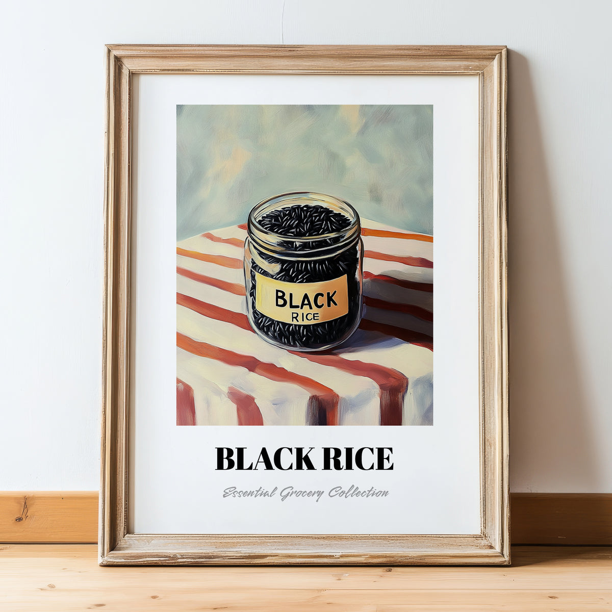 Black Rice – on Striped Tablecloth, Pantry Painting, in wooden frame leaning on the floor