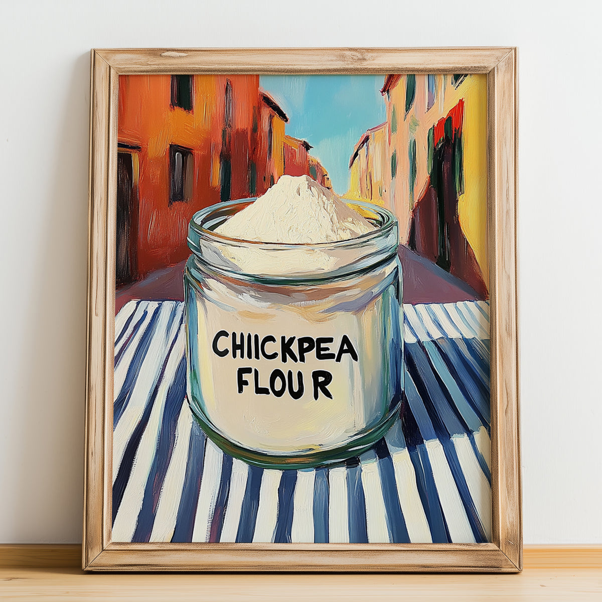 Chickpea Flour – Italian Café on the Corner, Dough Illustration, no-text version framed in wood