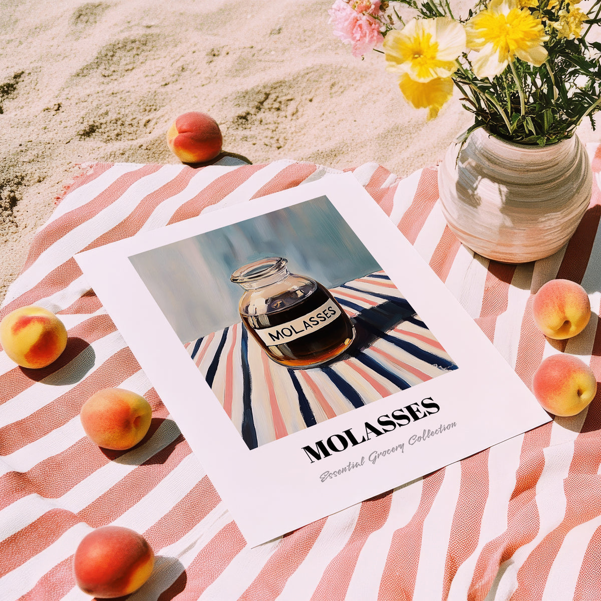Molasses – on Striped Tablecloth, Sweetener Poster, unframed on coastal sand
