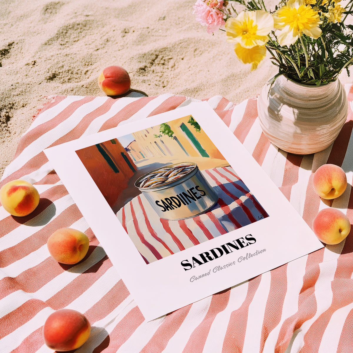 Sardines – Italian Outdoor Café Scene, Canned Food Illustration, unframed on coastal sand