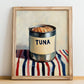 Tuna – on Striped Tablecloth, Canned Food Still Life, no-text version framed in wood