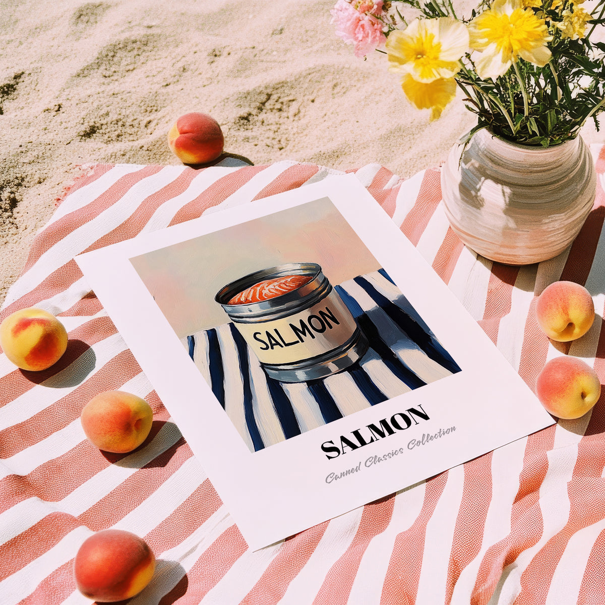 Salmon – on Striped Tablecloth, Canned Food Illustration, unframed on coastal sand