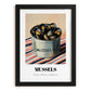 Mussels – on Striped Tablecloth, Canned Food Art, in sleek black frame