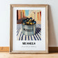 Mussels – Italian Outdoor Café Scene, Canned Food Wall Painting, in wooden frame leaning on the floor