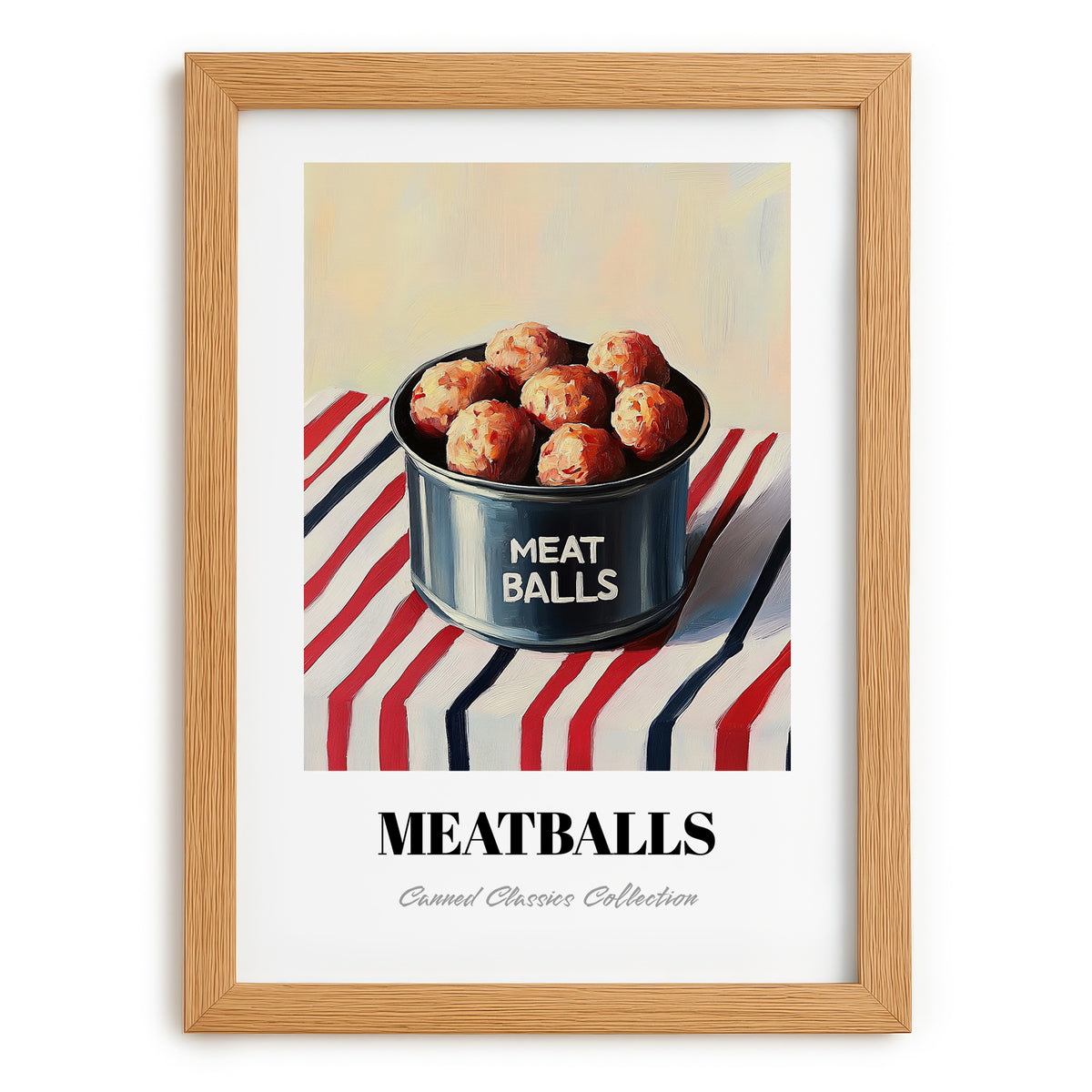 Meatballs – on Striped Tablecloth, Canned Food Poster, set in oak frame