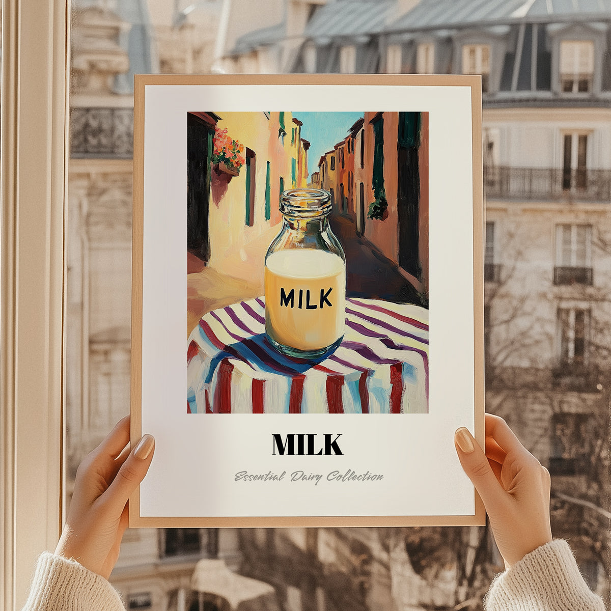 Milk – Italian Café on the Corner, Dairy Painting, styled in a charming Paris street view