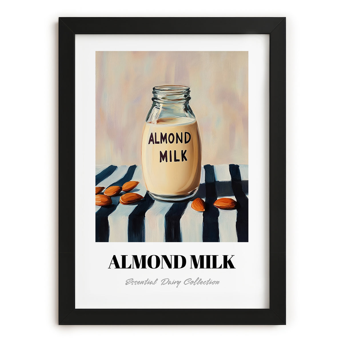 Almond Milk – on Striped Tablecloth, Dairy Painting, in sleek black frame