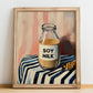 Soy Milk – on Striped Tablecloth, Dairy Wall Poster, no-text version framed in wood