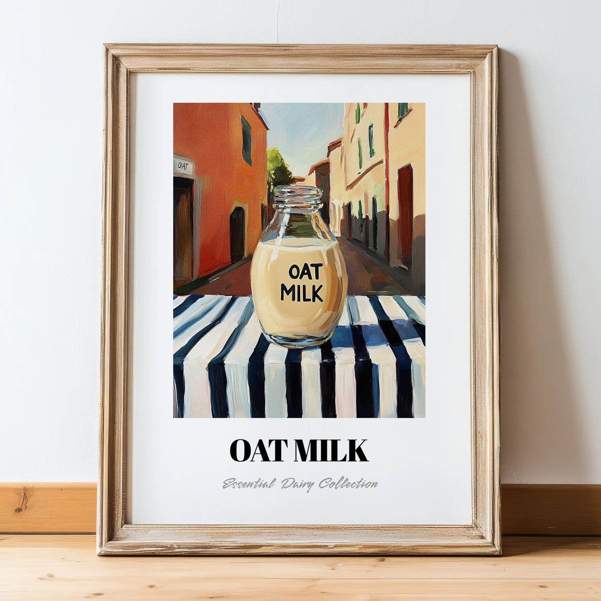 Oat Milk – Italian Street Café Scene, Dairy Poster, in wooden frame leaning on the floor