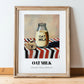 Oat Milk – on Striped Tablecloth, Dairy Poster, in wooden frame leaning on the floor