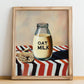 Oat Milk – on Striped Tablecloth, Dairy Poster, no-text version framed in wood