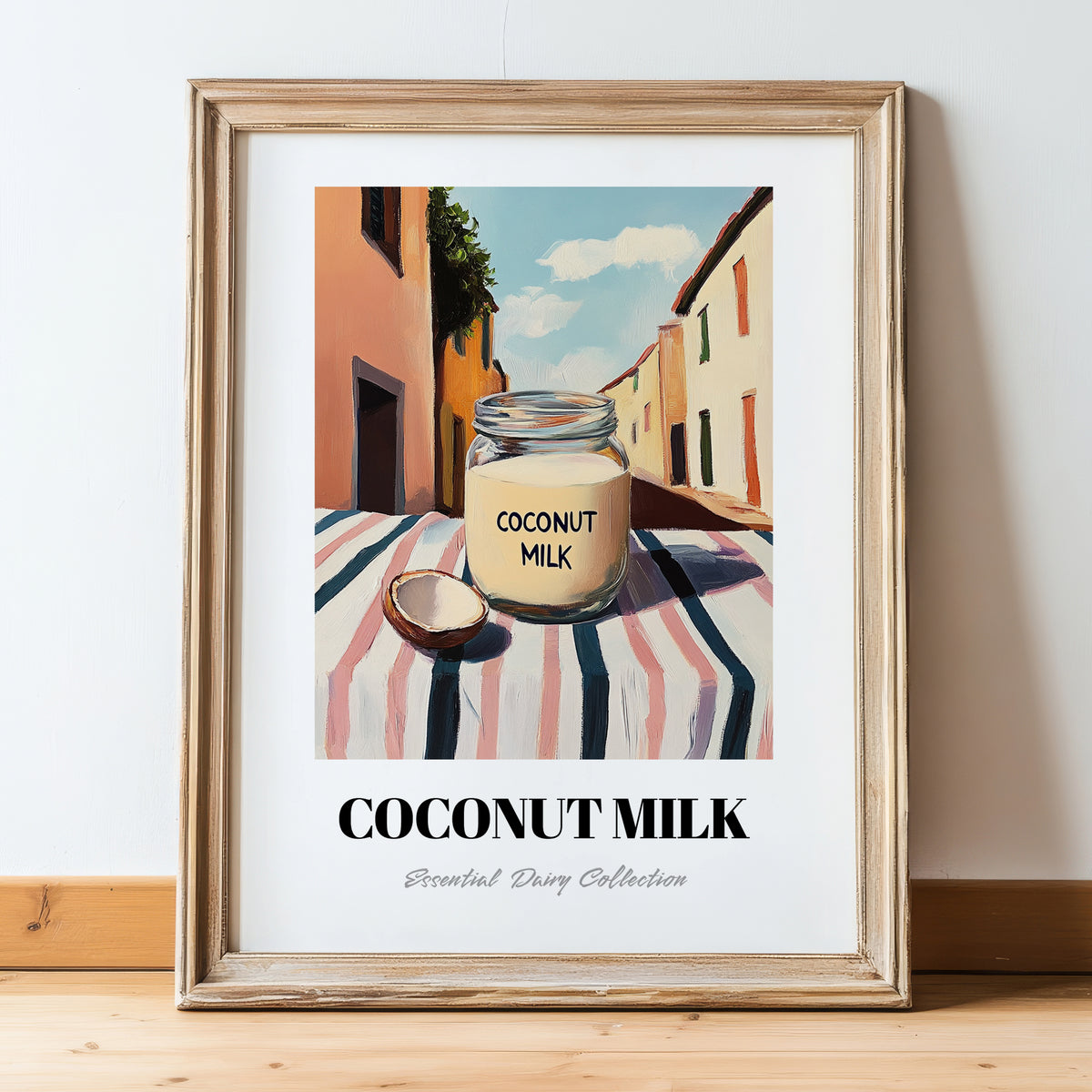 Coconut Milk – Italian Urban Café Scene, Dairy Still Life, in wooden frame leaning on the floor